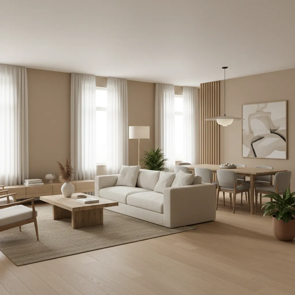 Neutral color palette living dining room interior design with wood and soft textiles