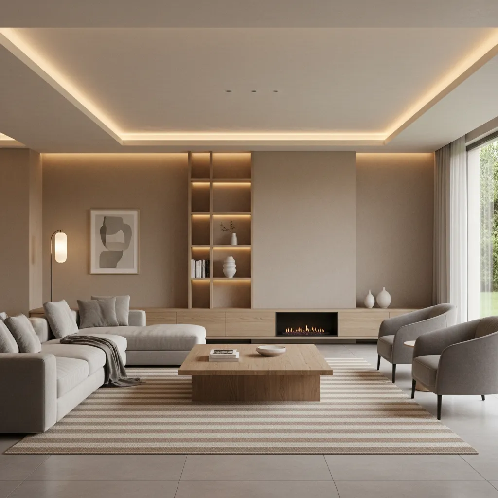 Warm minimalist living room featuring beige sofa striped rug wooden coffee table fireplace and cabinet