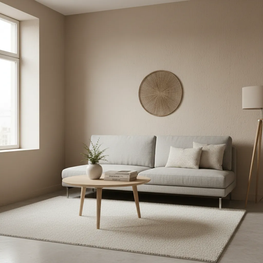 Sala pequeña moderna con paredes color beige arena y sofá claro