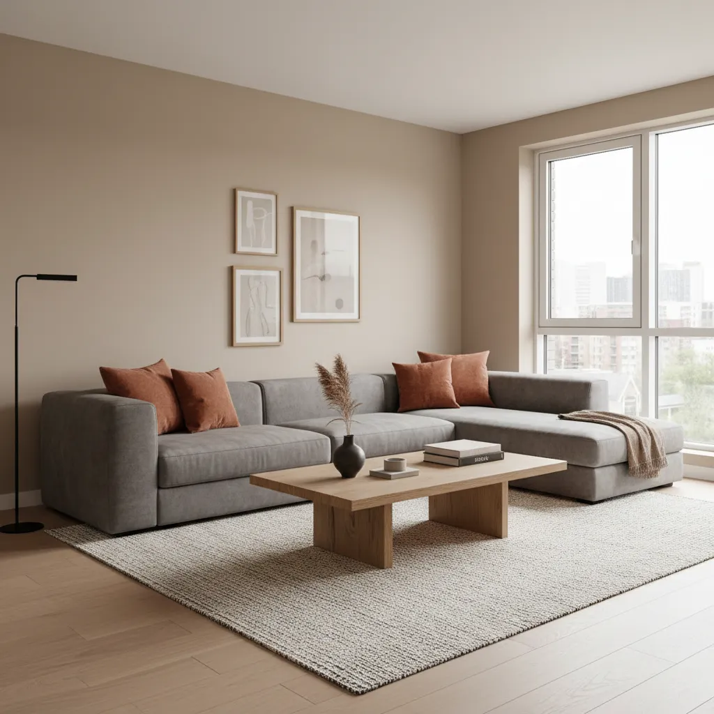 Sala de estar con paleta beige, gris y acentos terracota