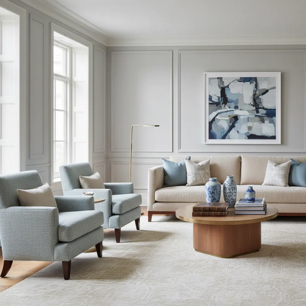 Salón pequeño con paleta de colores neutros y elegantes