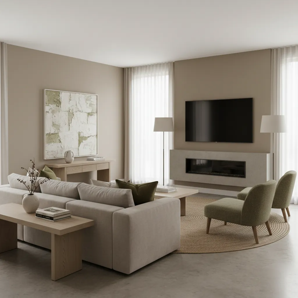 Modern living room featuring grey sofa fireplace television two floor lamps and a round rug