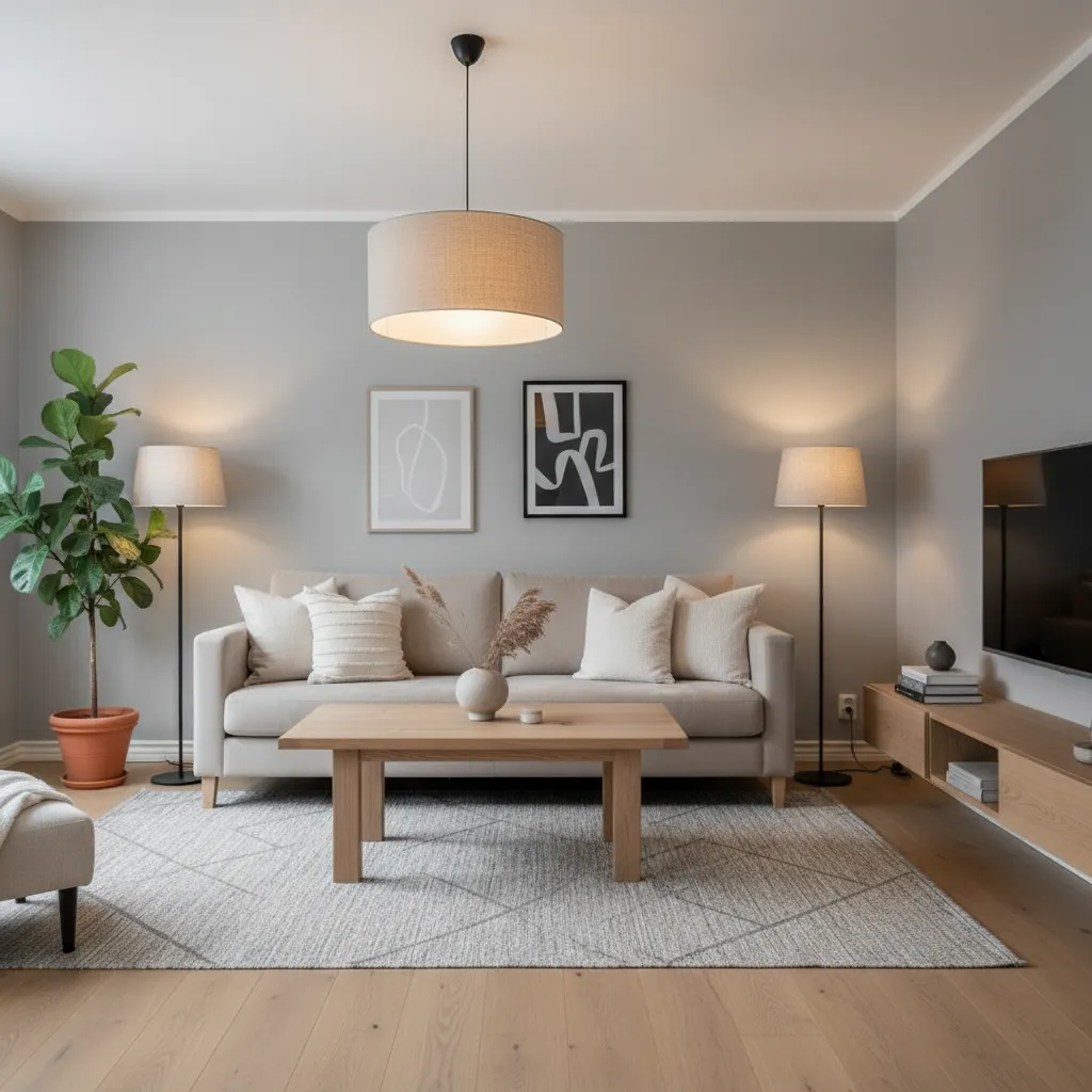 Salón moderno con paleta equilibrada de colores neutros y acentos cálidos