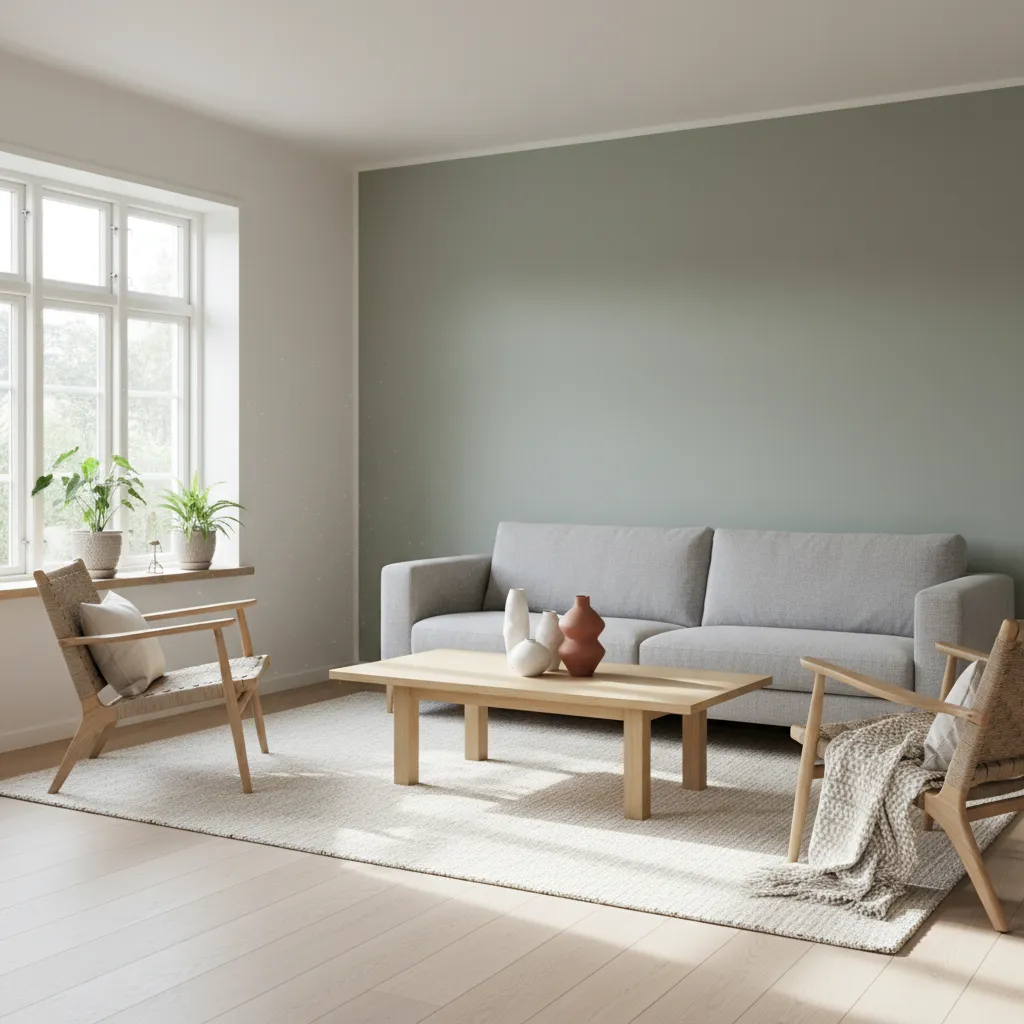 Salón con paredes en tonos neutros y verde suave