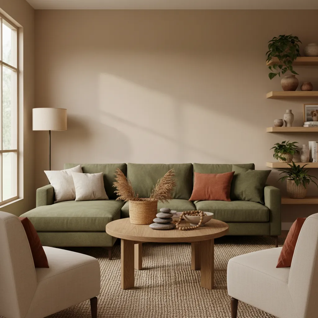 Green sofa with beige chairs and a wooden coffee table in a warm earthy room