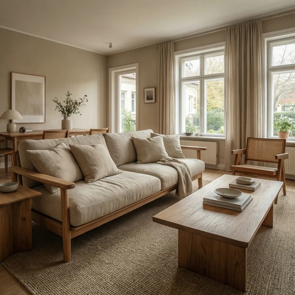 Beige living room with wooden coffee table fabric sofa large windows curtains and wood furniture