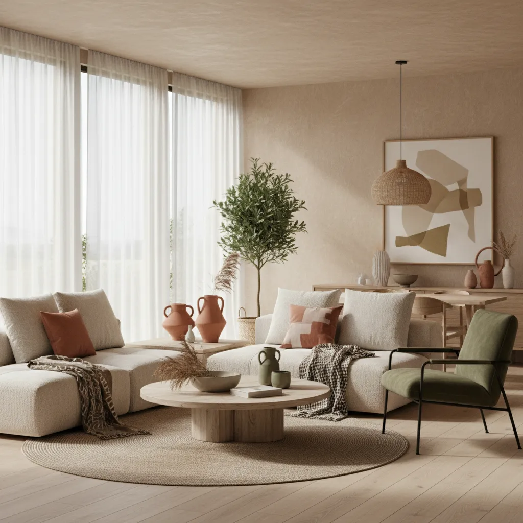 Modern beige living room with cream sofa green armchair round wood table and large windows