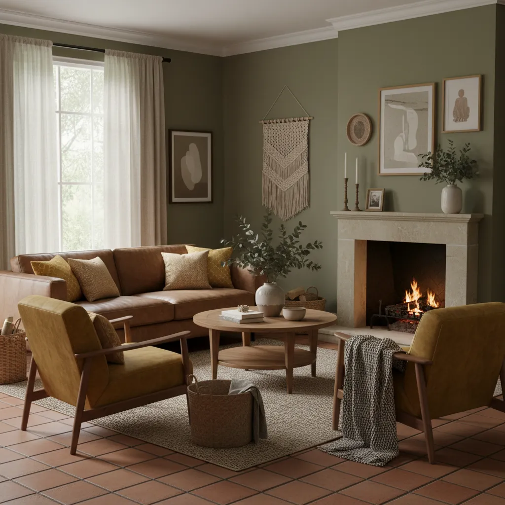 Interior con paleta de colores vintage como verde oliva y terracota