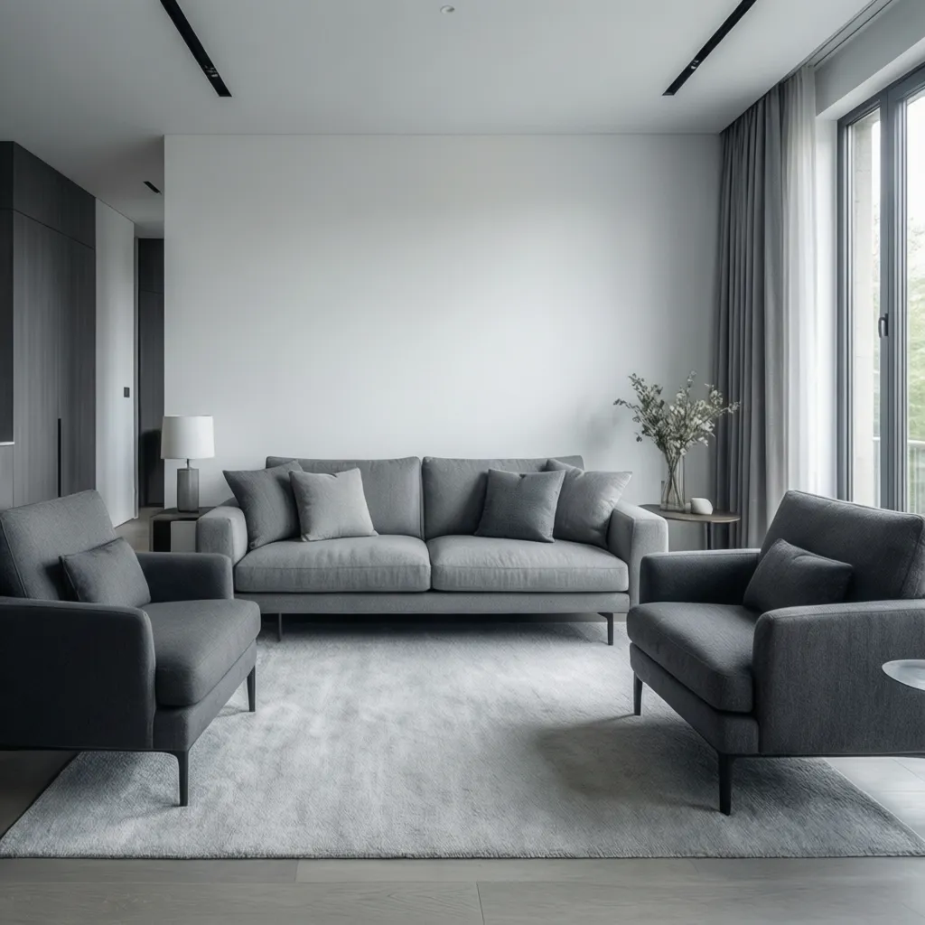 Modern grey living room featuring a sofa two armchairs rug table lamp and large window