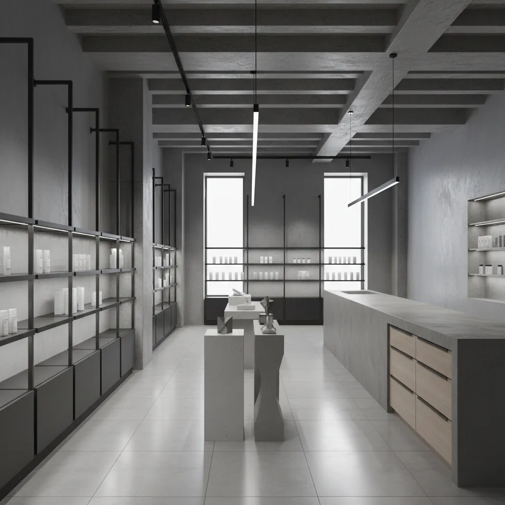 Industrial retail store with gray concrete walls black metal shelves long ceiling lights and counter