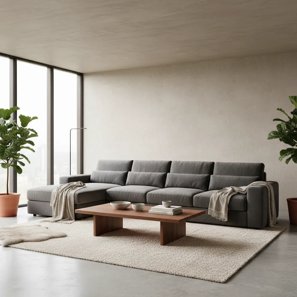 Sala de estar con sofá gris oscuro y mesa de madera marrón