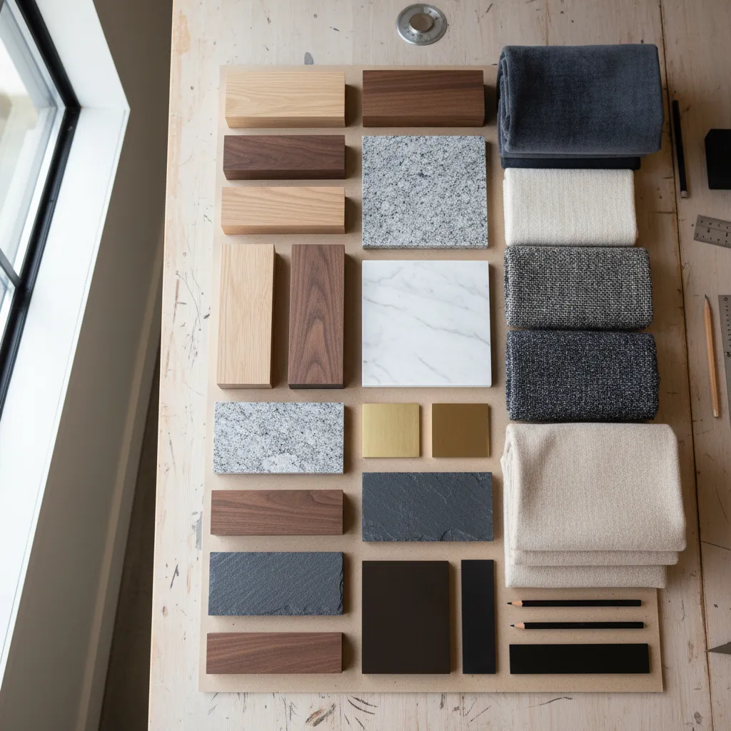 Paleta equilibrada de materiales para un proyecto de interiorismo