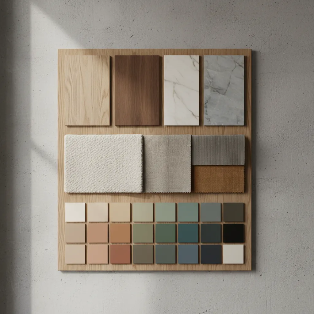 Muestras de madera, piedra y telas formando una paleta de diseño interior