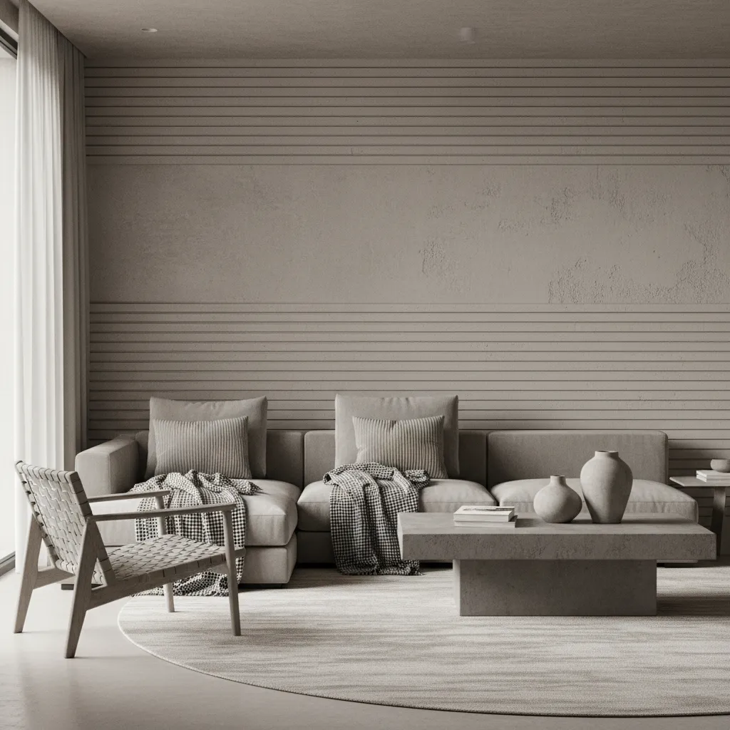 Interior moderno con paleta monocromática en tonos gris cálido