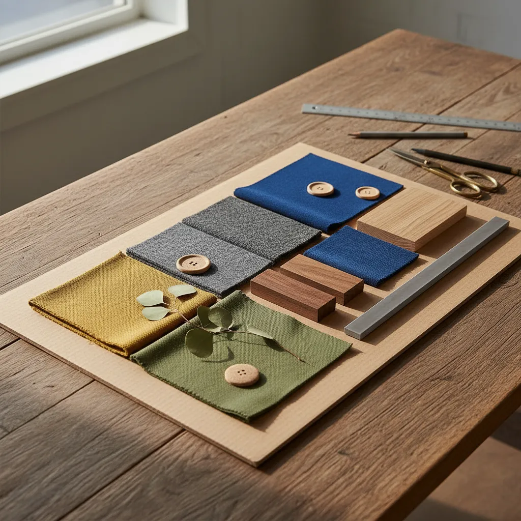 Muestra de paleta de colores con mostaza, gris, azul petróleo y madera