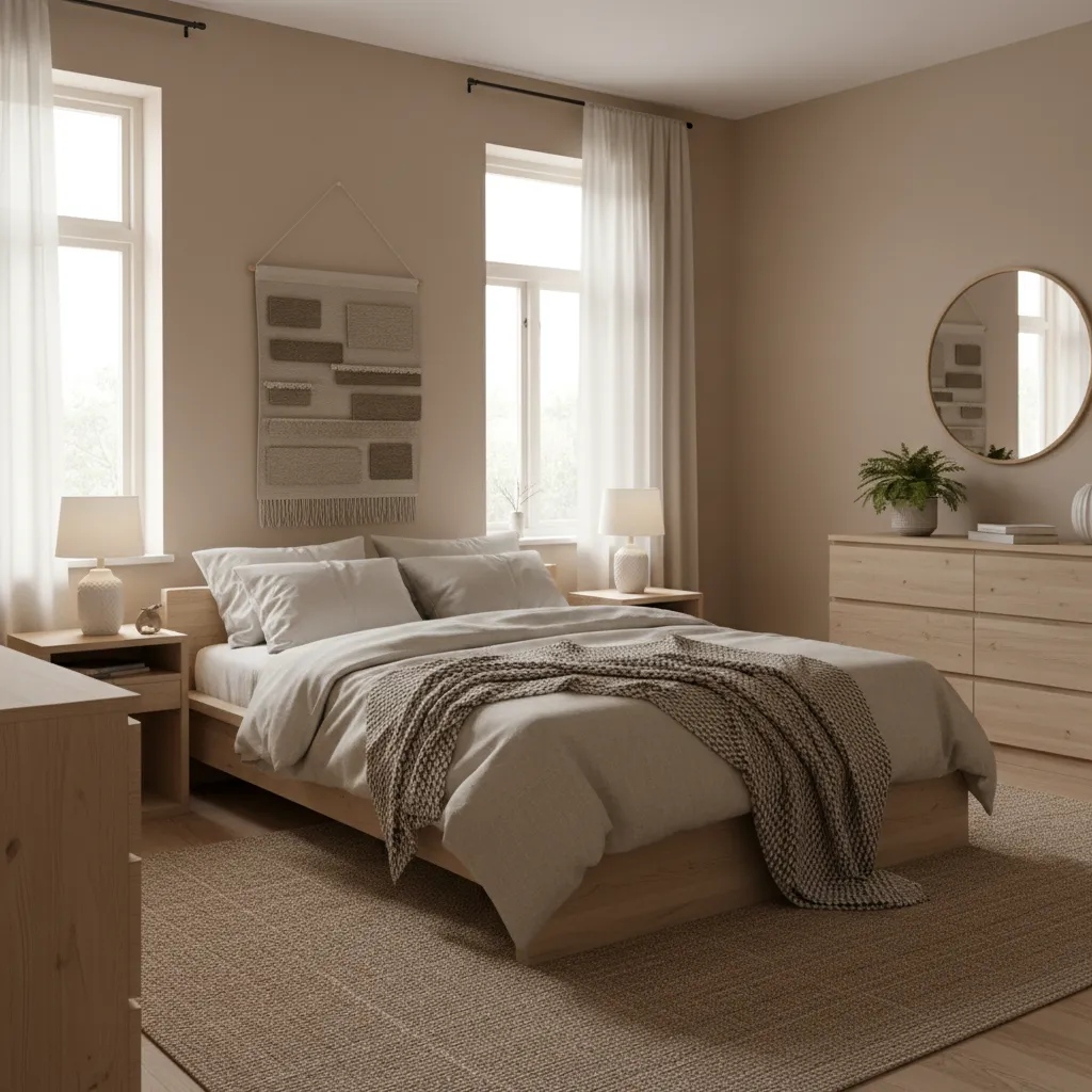Dormitorio con paleta neutra cálida en tonos beige y madera clara