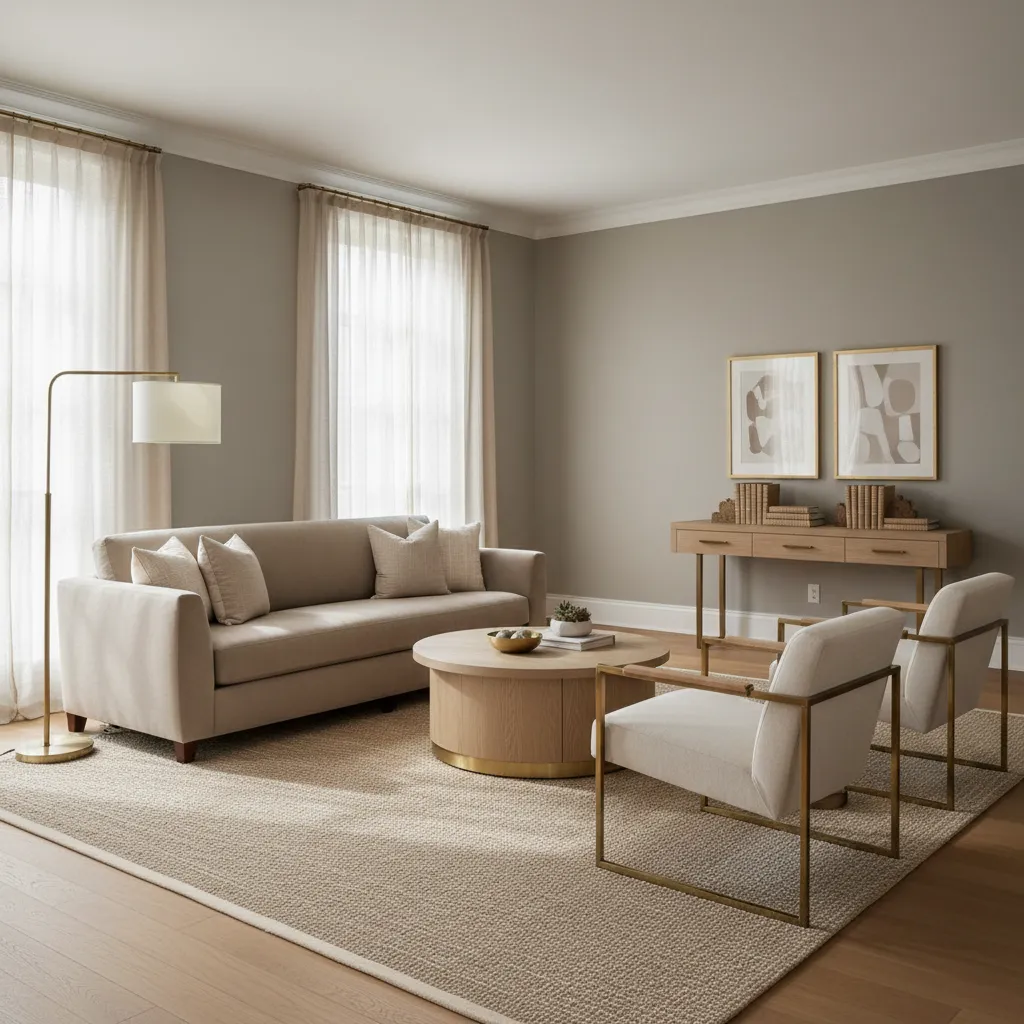 Interior con paleta neutra beige gris y detalles en latón