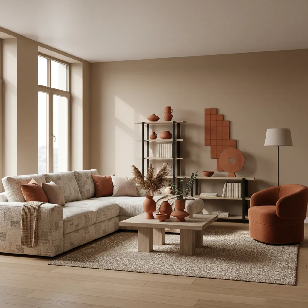 Interior con acentos terracota y tonos beige cálidos