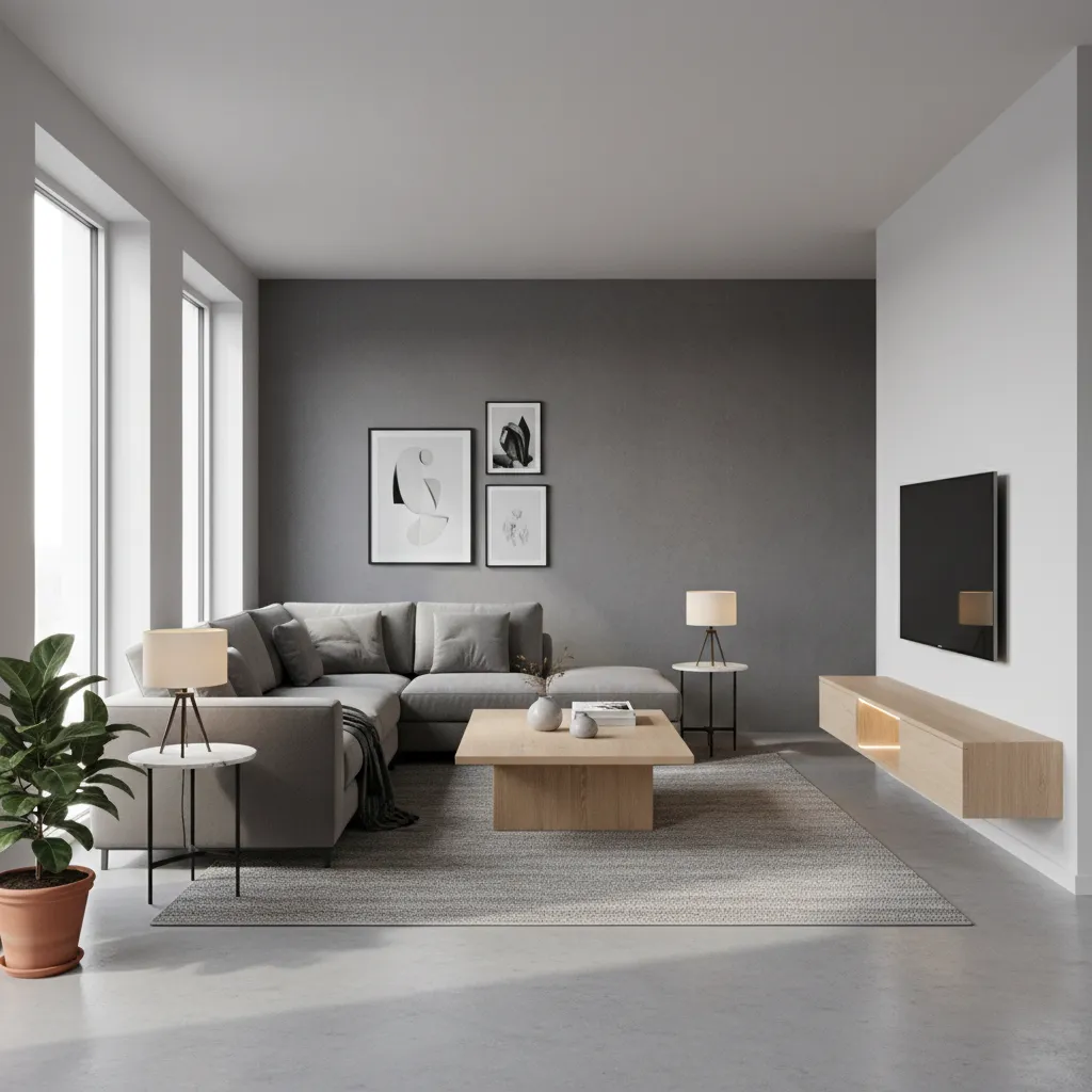 Interior moderno con diferentes tonos de gris en paredes y mobiliario