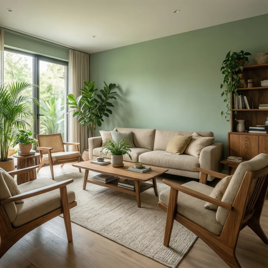 Sala moderna combinando verde suave con tonos beige y madera