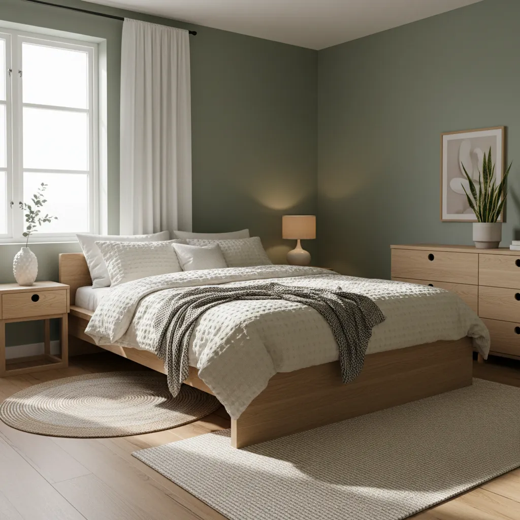 Sage green bedroom featuring wooden bed, white bedding, window with curtain, wooden cabinet, and plant