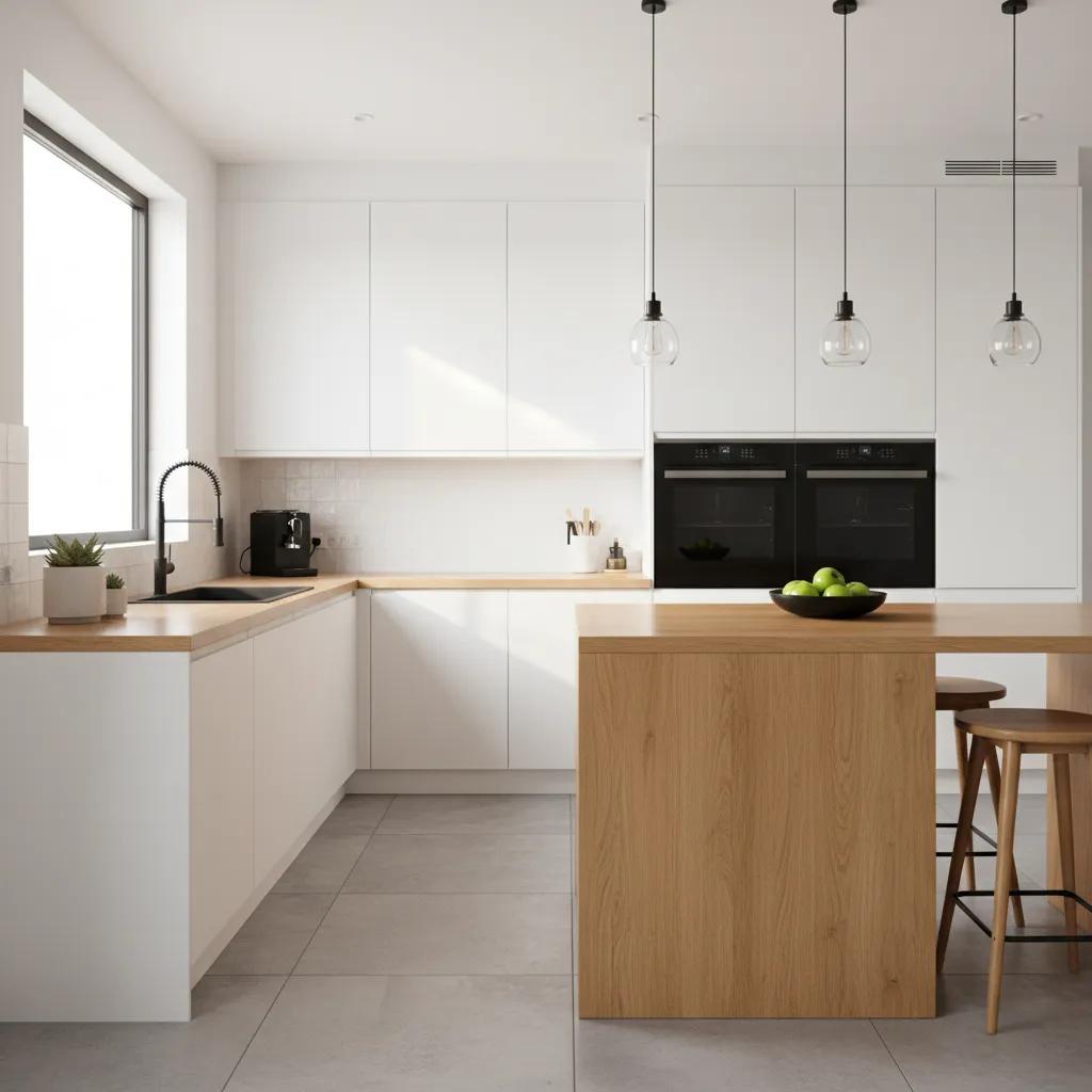Cocina moderna con combinación de blanco madera y negro