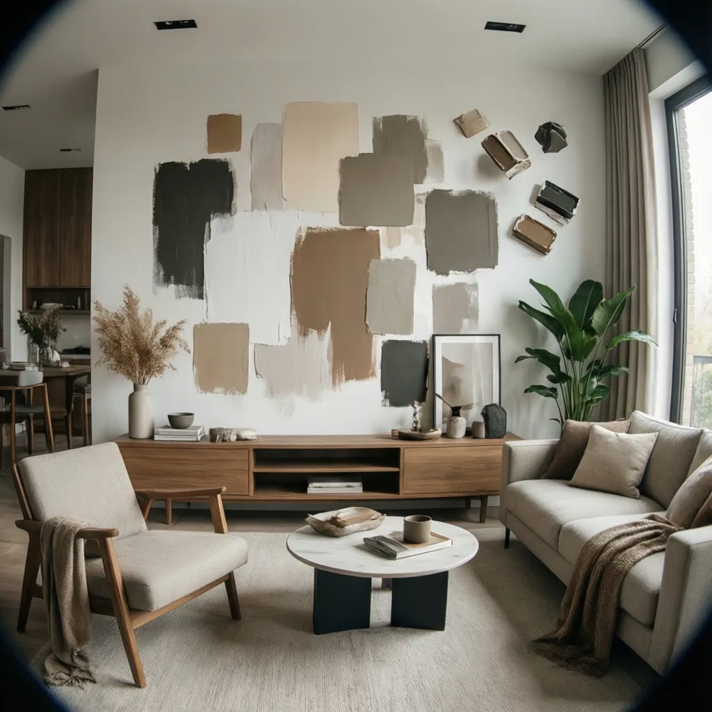 Living room wall featuring multiple paint color samples with a sofa, armchair, and coffee table