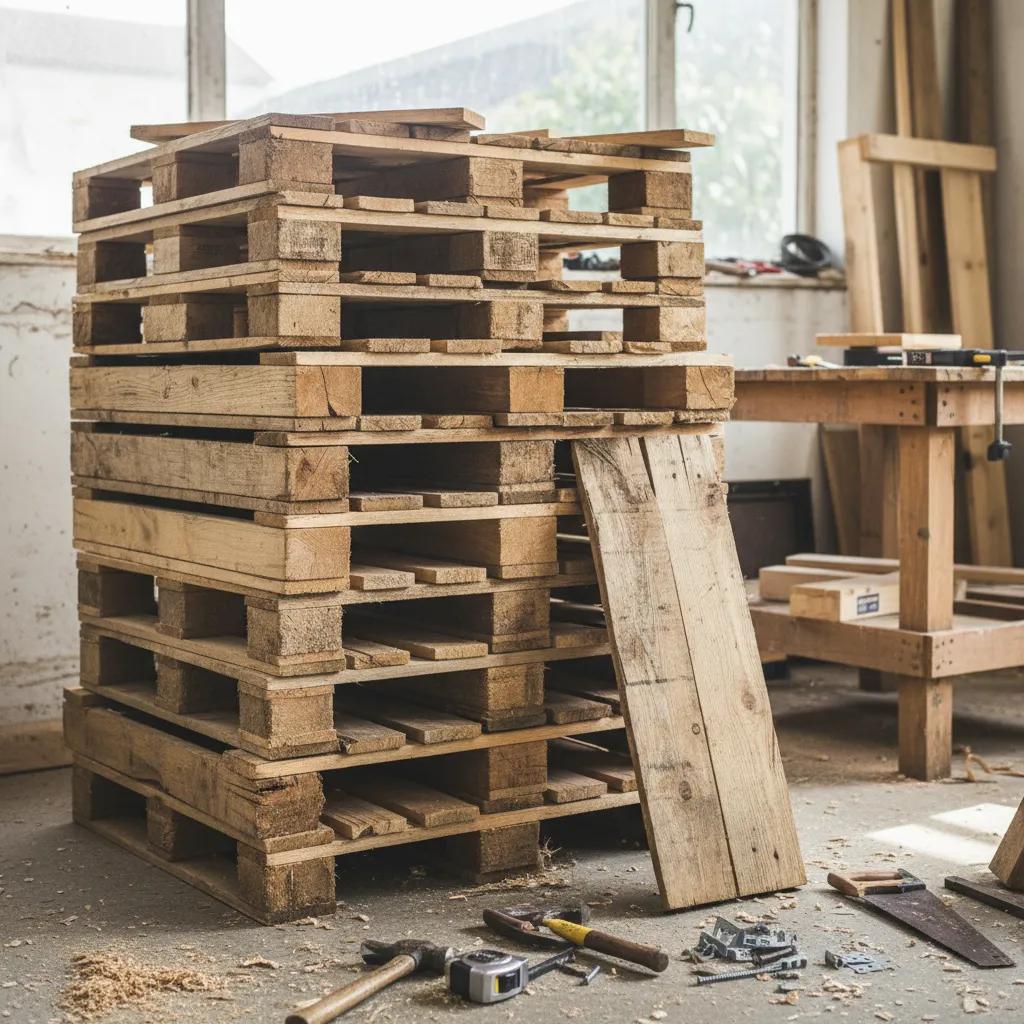Stack of wooden pallets in a carpentry workshop with tools like hammer and hand saw