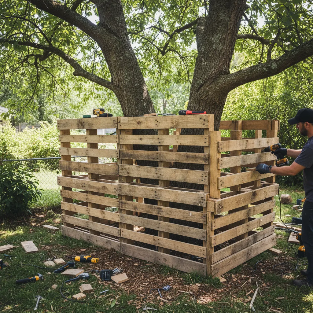 Man using power tool to build wooden pallet walls around a tree trunk in garden