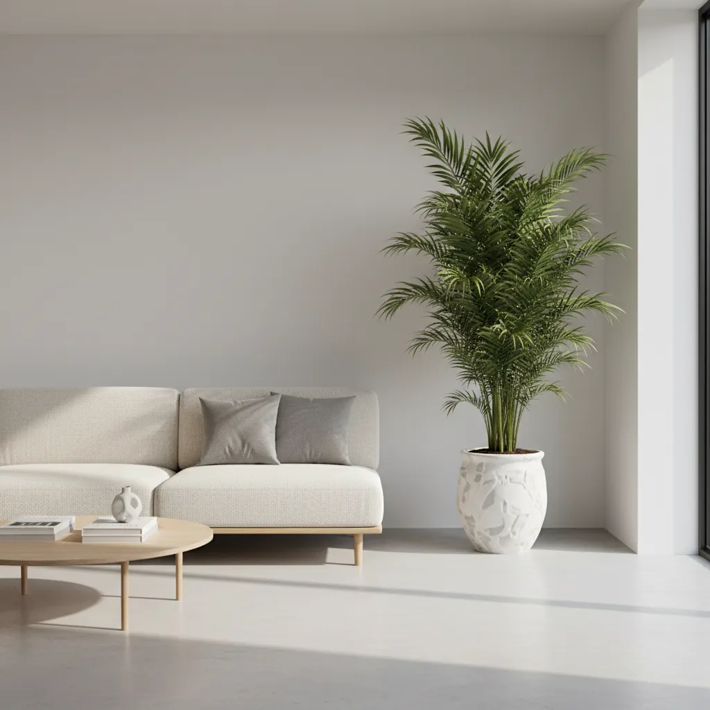 Palmera alta colocada en la esquina de un salón moderno