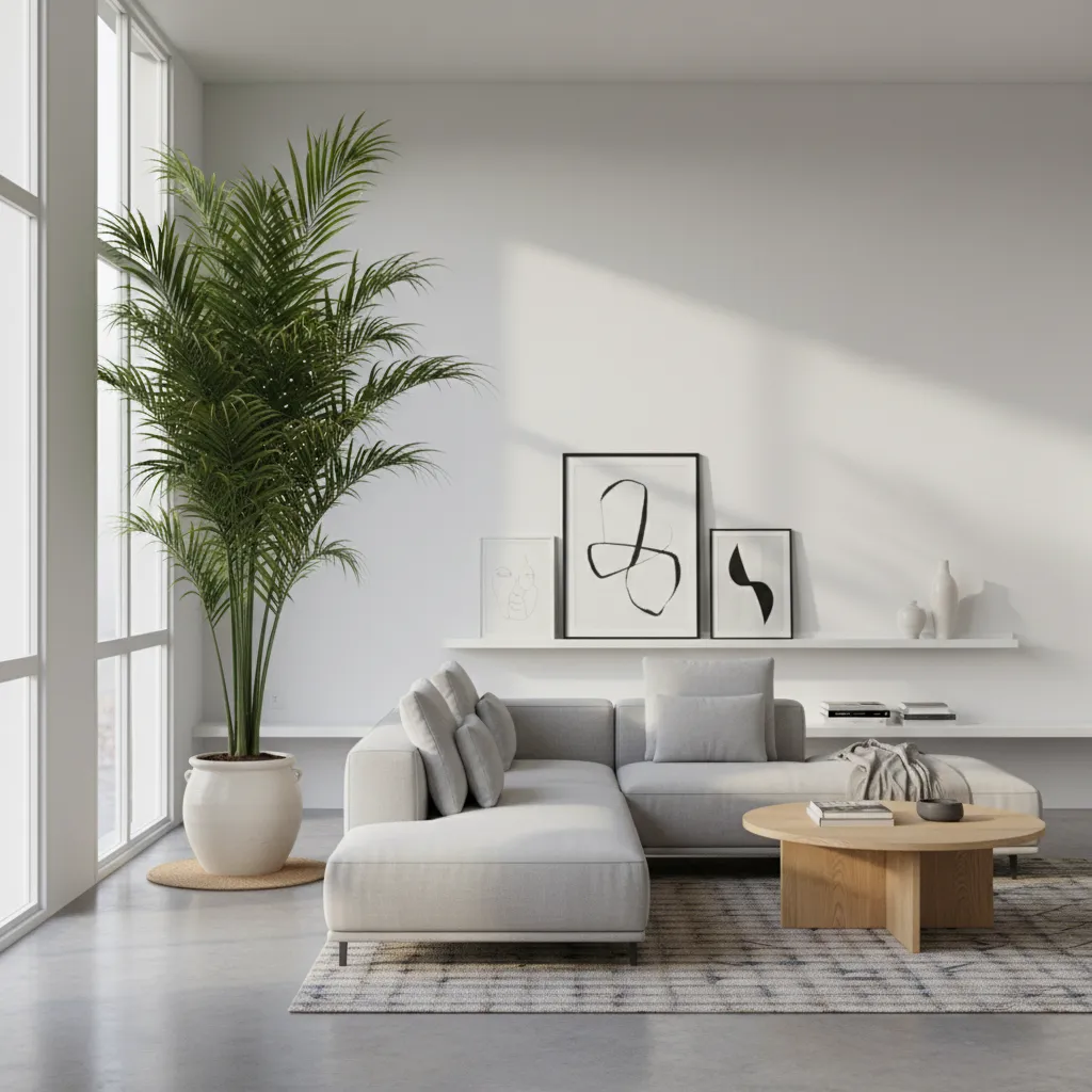 Palmera decorativa alta equilibrando la decoración del salón