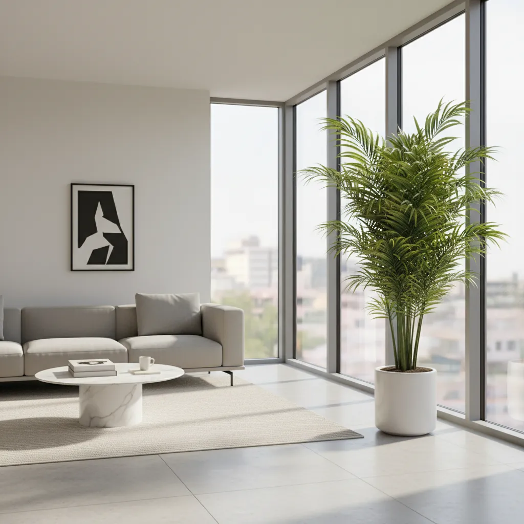 Palmera decorativa colocada junto a una ventana con luz natural