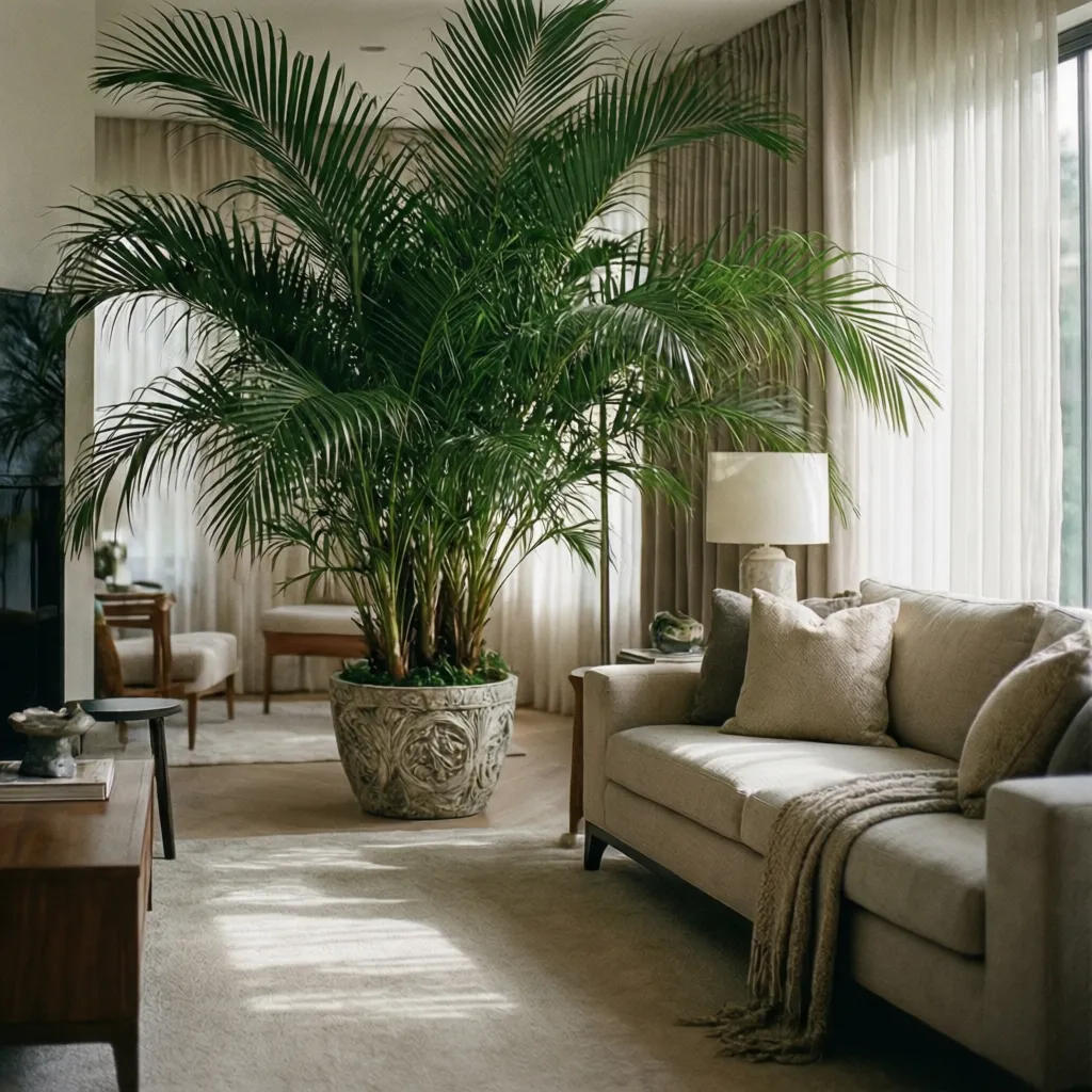 Cozy living room featuring a large indoor palm plant, beige sofa, white lamp, and curtains