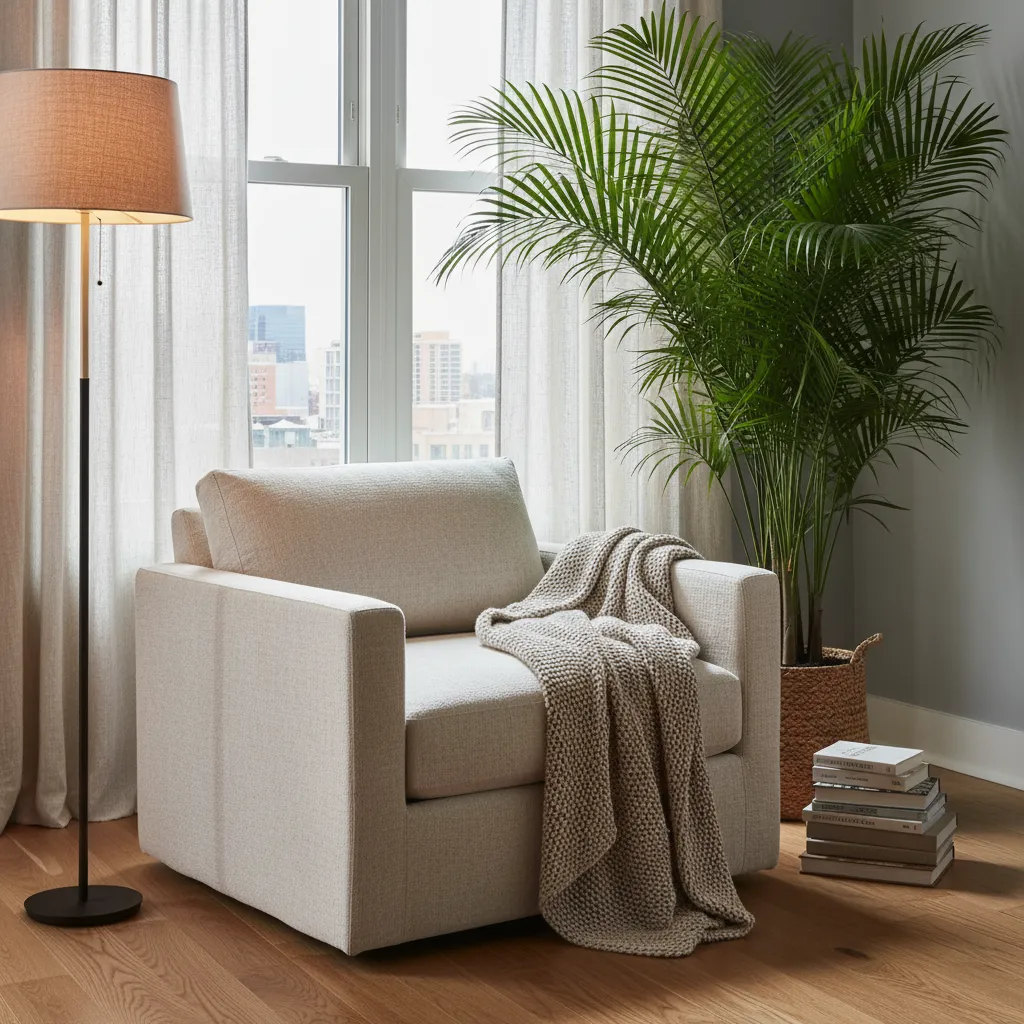 Palmera decorando una zona de lectura con sillón y lámpara