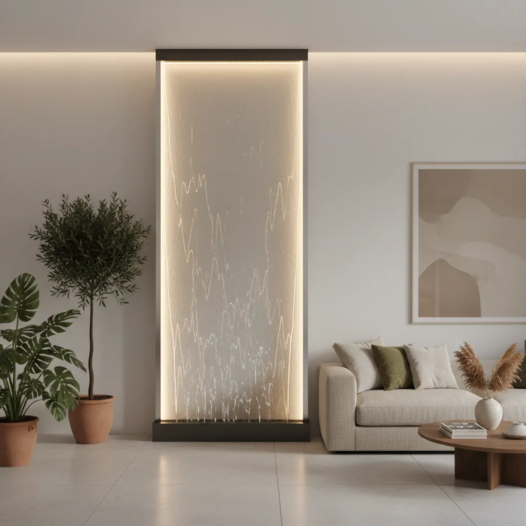 Panel de agua vertical moderno en salón contemporáneo