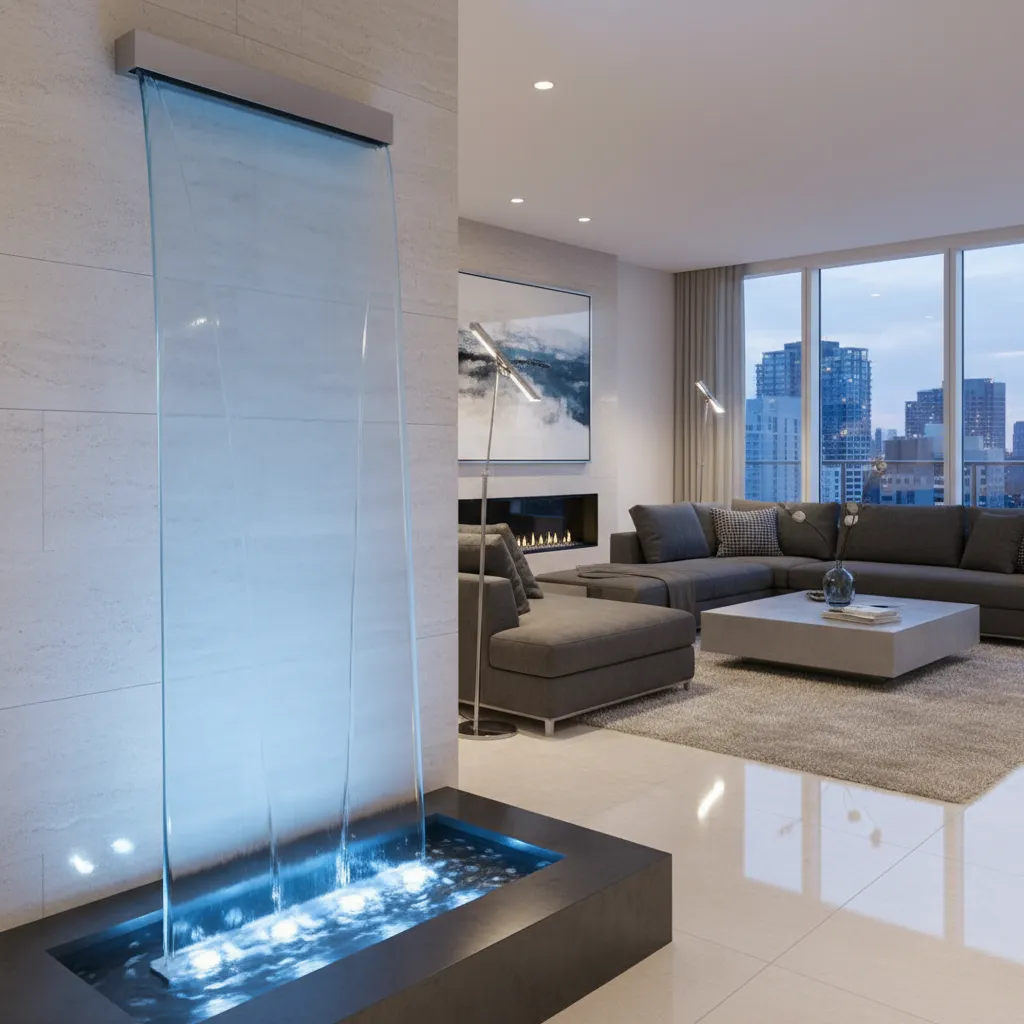 Modern living room featuring a glass waterfall with blue light next to grey corner sofa