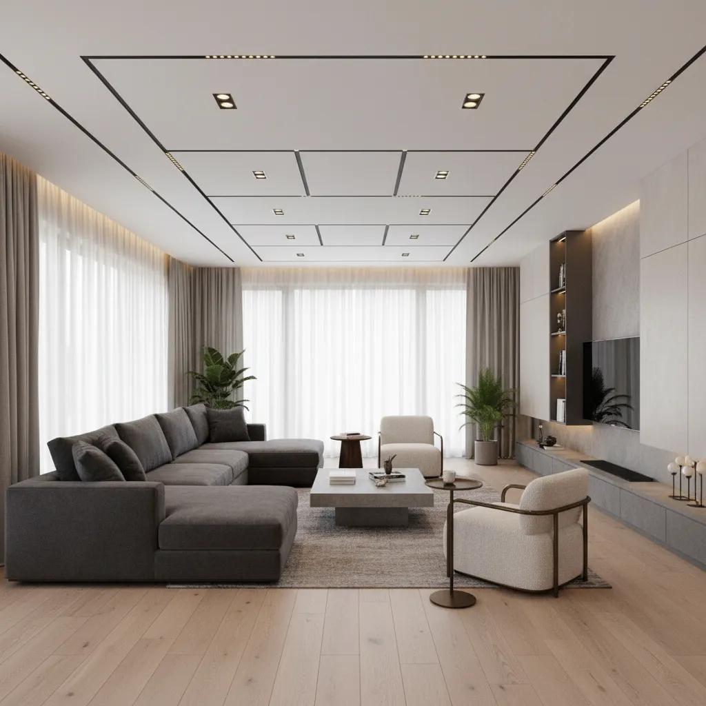 Rectangular living room ceiling divided into multiple panels with lighting