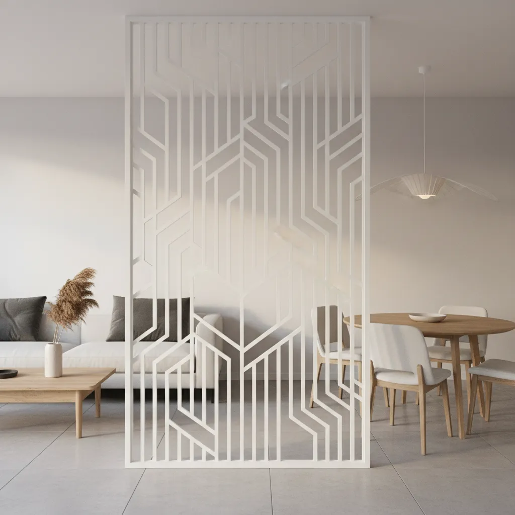 White patterned room divider between a living room sofa and dining table with wood chairs