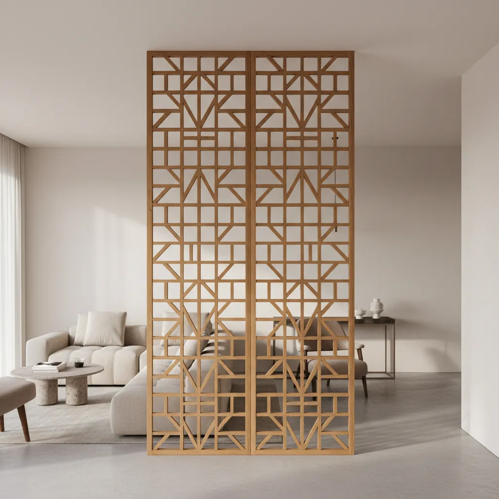 Modern living room featuring a patterned wooden room divider beige sofa and a stone table