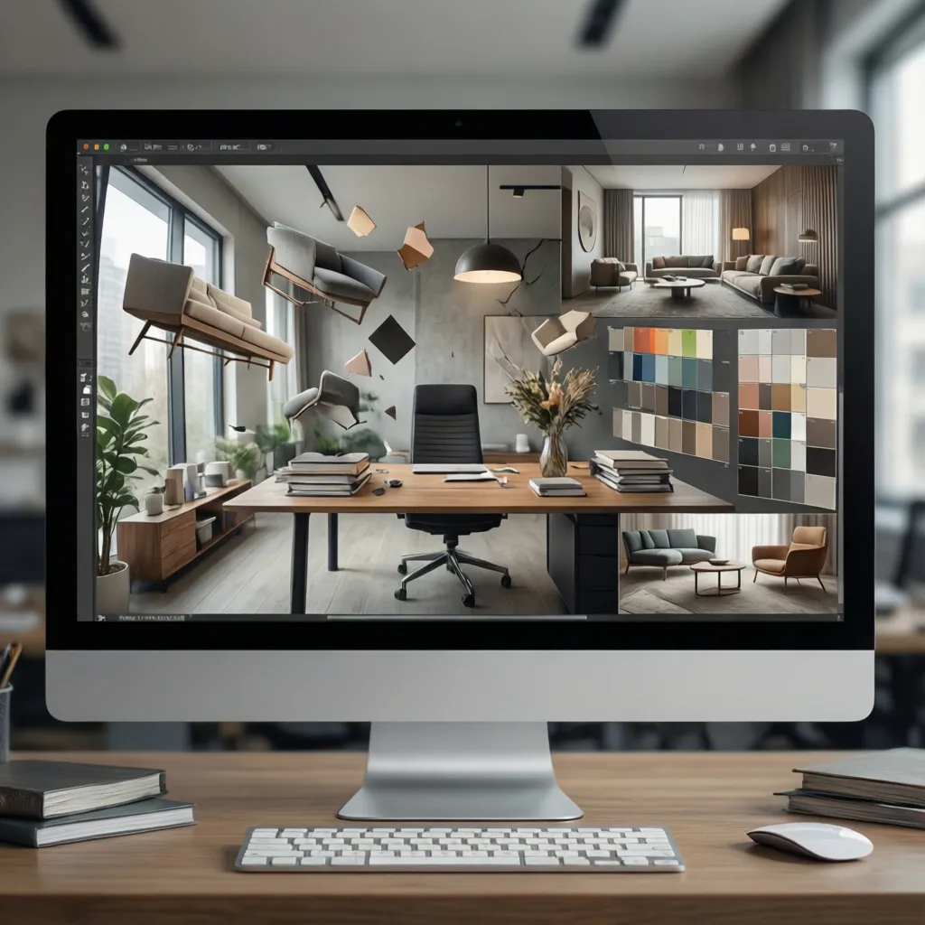 Pantalla de ordenador mostrando un panel creativo digital de interiorismo