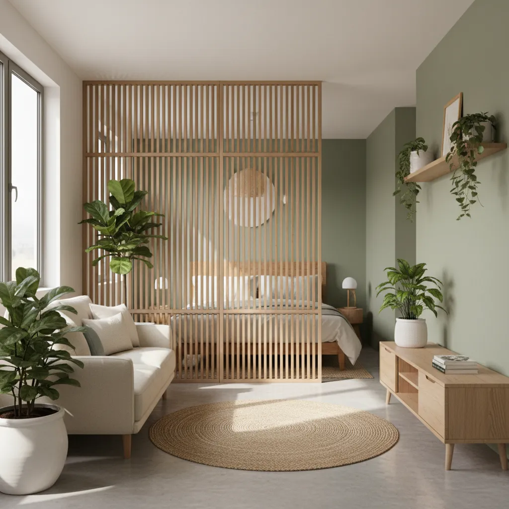 Modern apartment room layout with wooden screen divider between the living area and bedroom space
