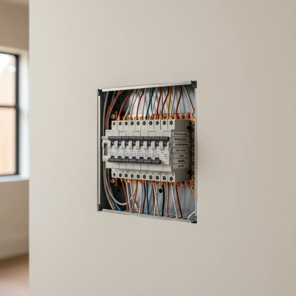 Tablero eléctrico organizado con circuitos etiquetados en una vivienda