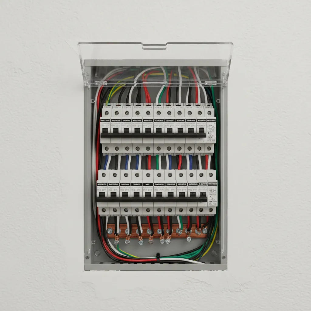 Open electrical panel box on white wall showing multiple circuit breakers and colorful electric wires