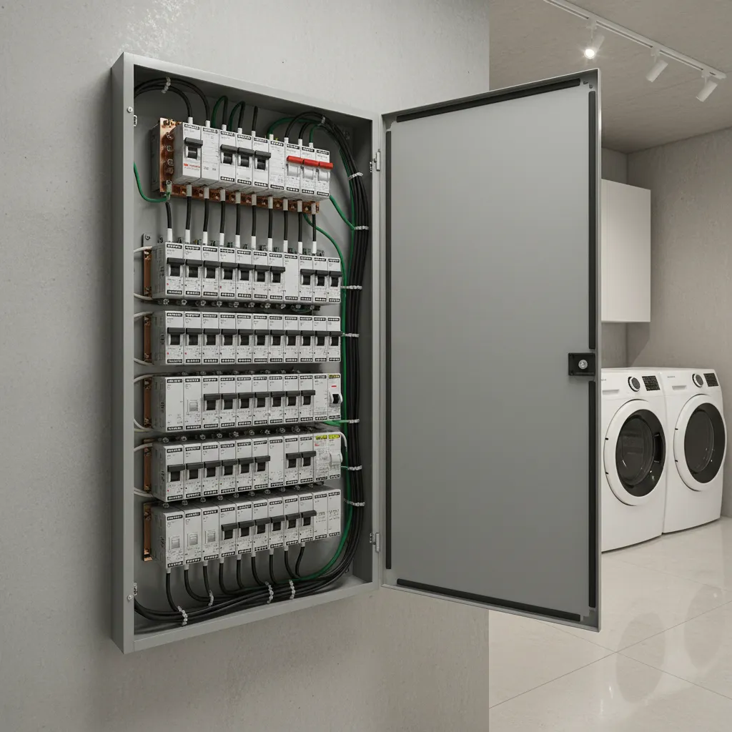 Cuadro eléctrico doméstico con interruptores automáticos organizados