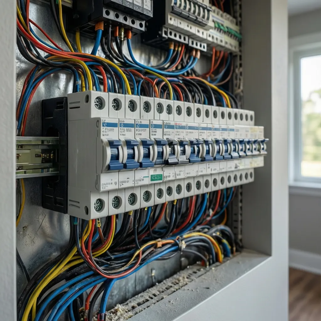 Open electrical box with colorful wires and several circuit breakers installed inside a modern wall