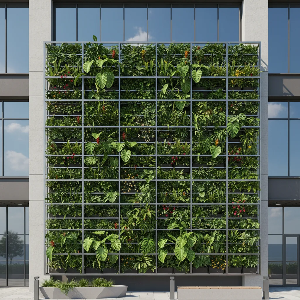 rigid panel living wall system installed on commercial building facade