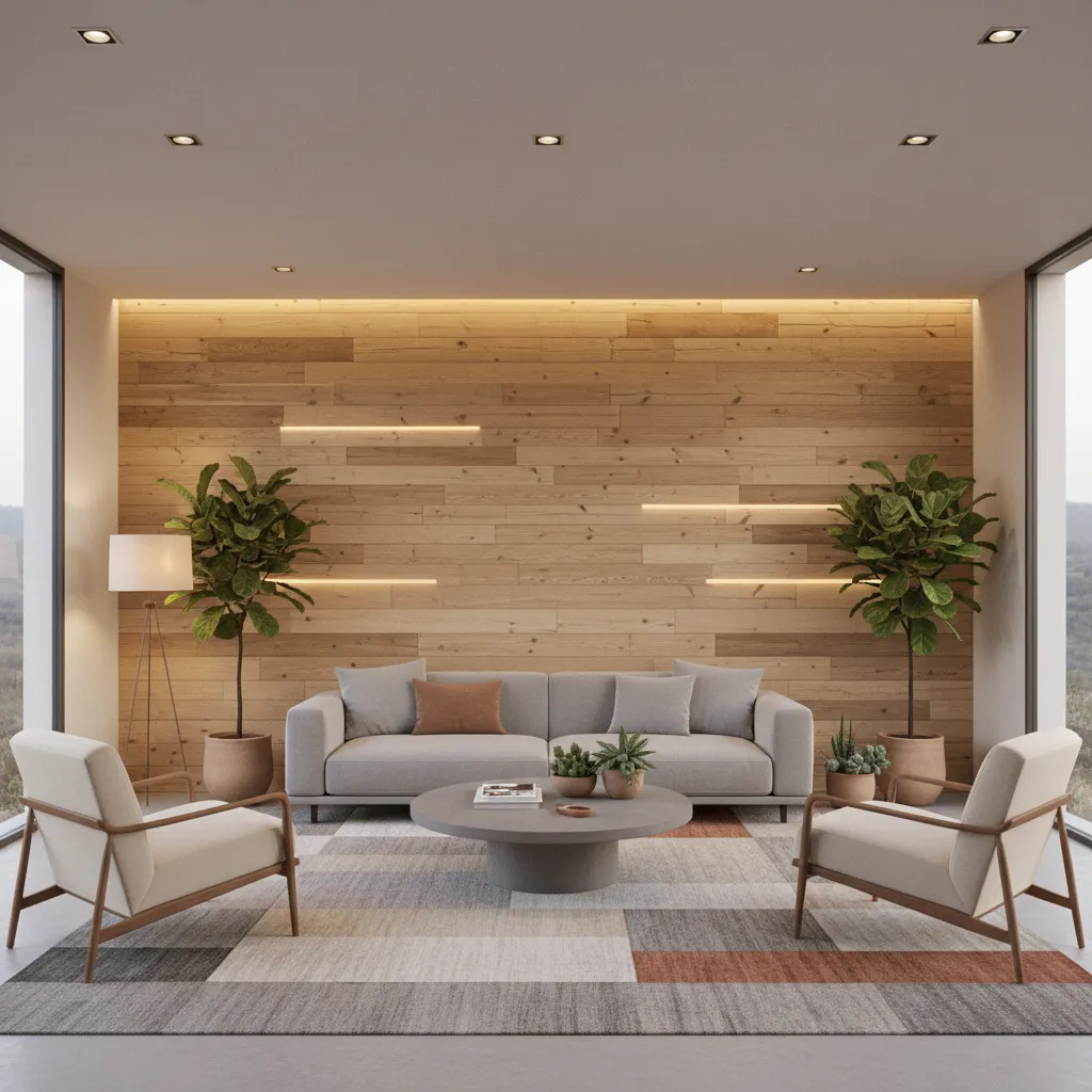 Panel decorativo de madera detrás de un sofá en un salón moderno