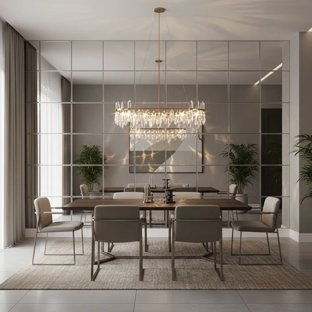 panel mirror wall behind dining table expanding narrow dining room