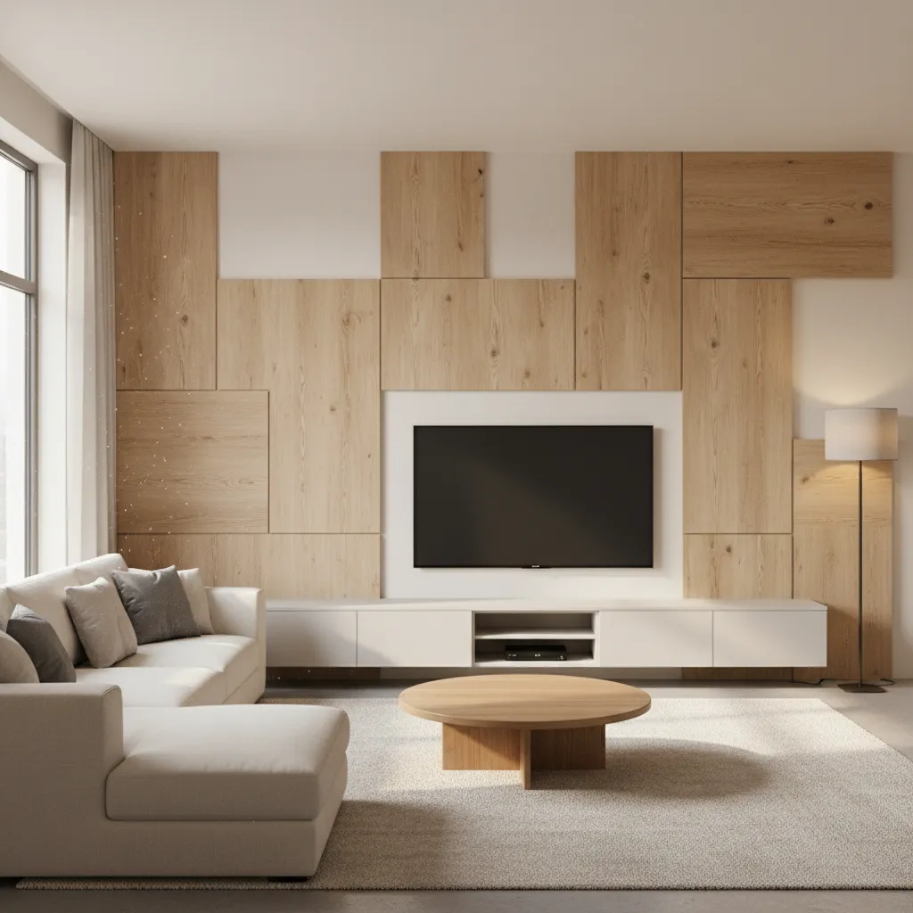 Modern living room with white sofa, wooden wall panel, television, round coffee table and lamp