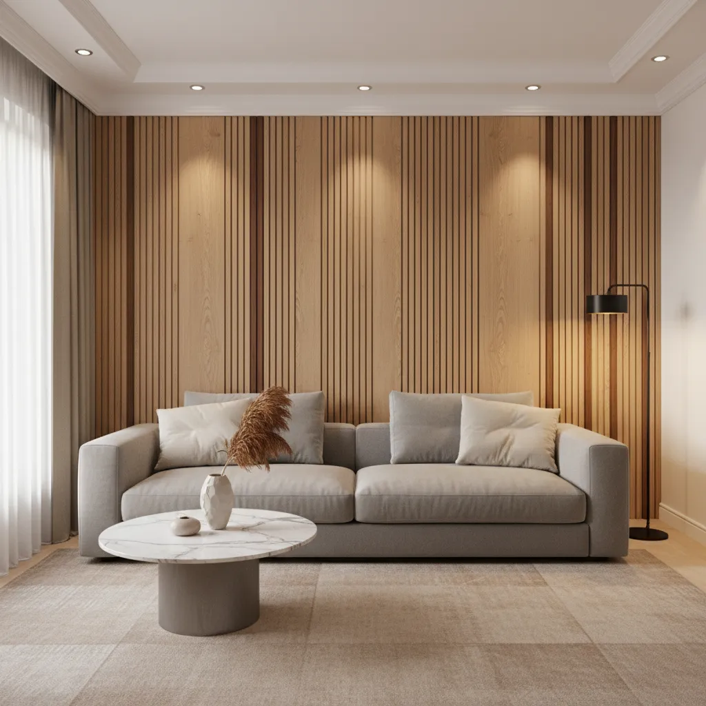 Pared de acento con paneles de madera detrás de un sofá